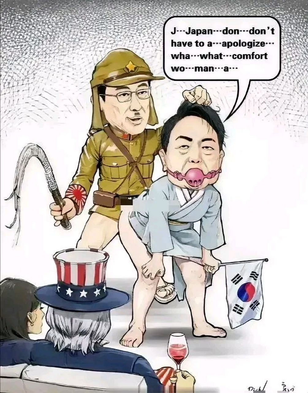 这个图片生动的展示了美日韩三国之间的主仆关系!以及各自的角色扮演!