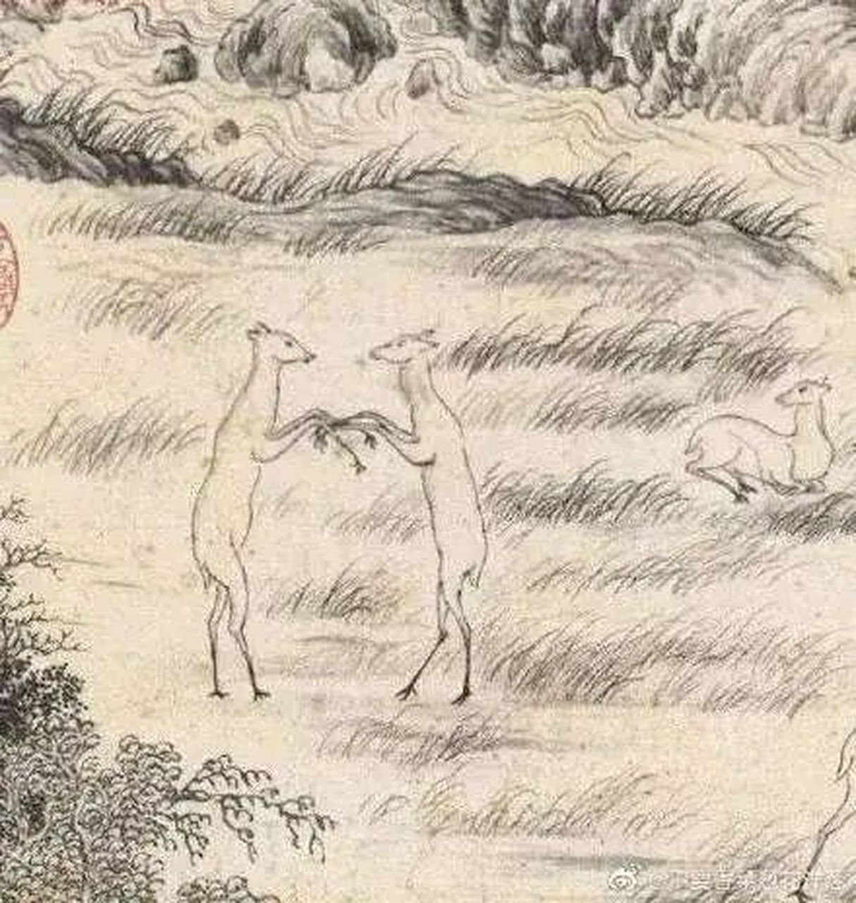 还是蛮写实的,这个乾隆时期的画家真的是观察过鹿打架啊