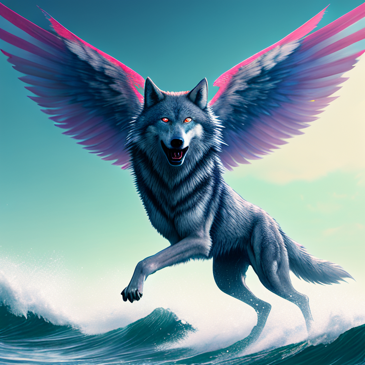 一头长着翅膀的巨型大灰狼 有着彩色大翅膀 在海面上空飞翔 海面上有