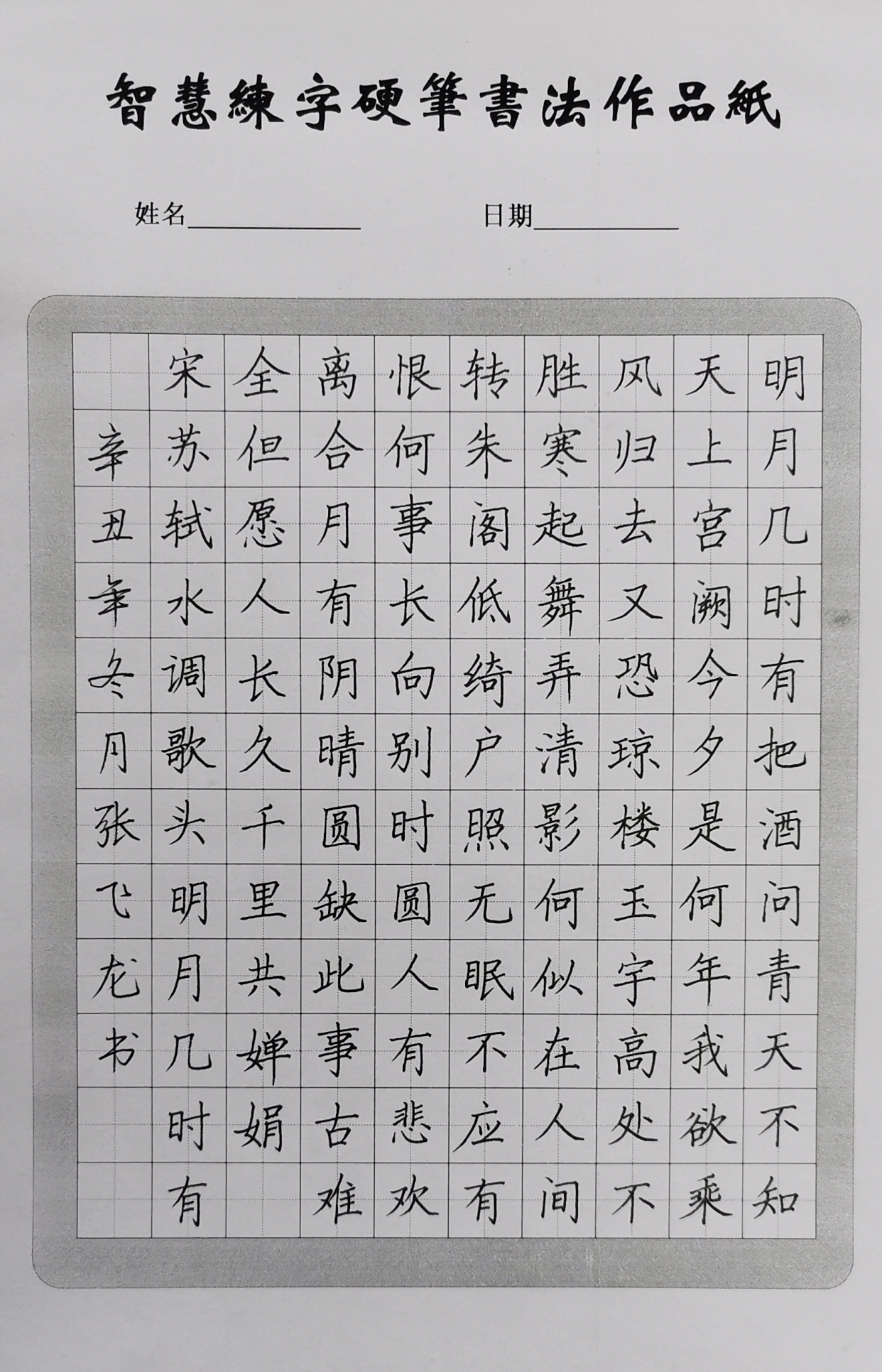 张飞龙老师硬笔书法作品苏东坡《水调歌头·明月几时有》