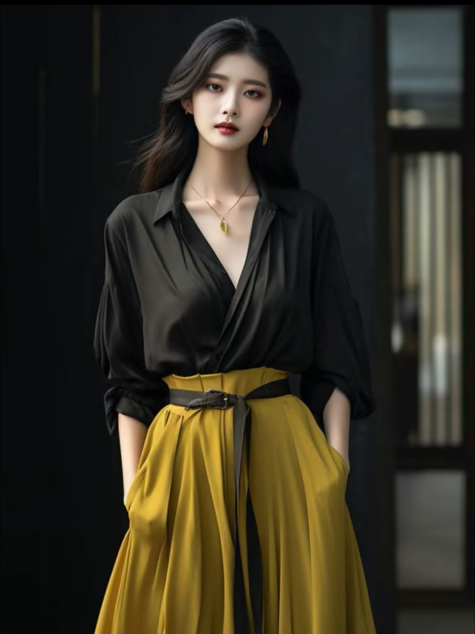黑色衬衫搭配黄色半身裙,职场高级感穿搭