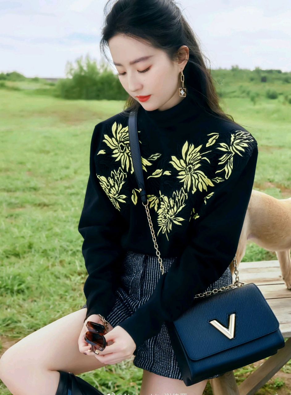 刘亦菲金色印花卫衣搭配条纹短裤,置身狂野沐浴清风中,一举一动皆动人