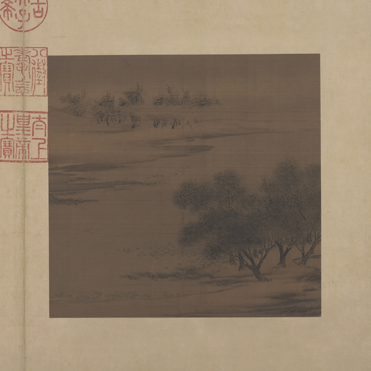 今日品北宋惠崇《沙汀烟树图》.  该画描绘河水清澈,烟岚空旷.