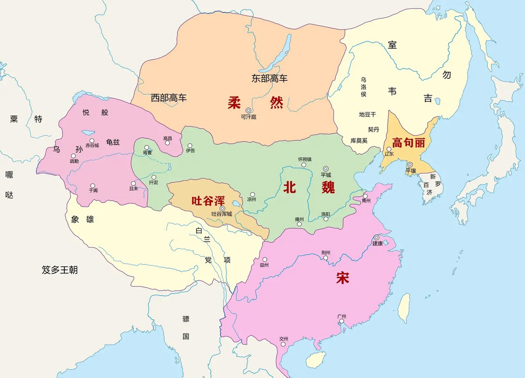 公元460年,南北朝时期的地图.