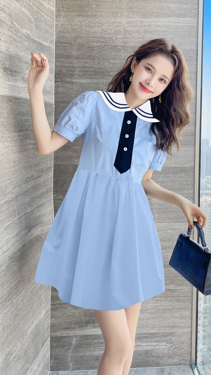 蓝色拼色衬衫连衣裙,清纯甜美,可爱又迷人, 妥妥滴小仙女0269