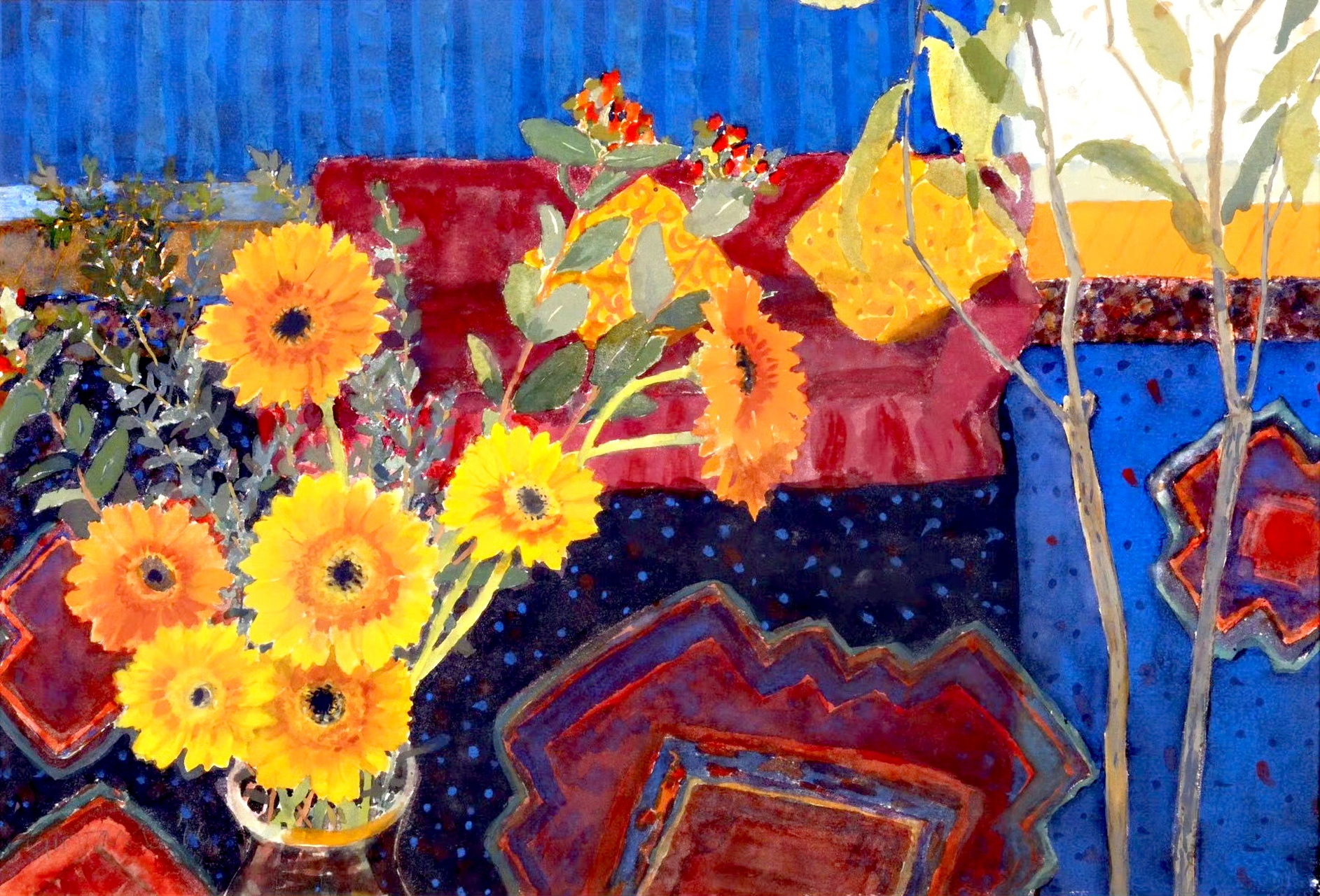 girvan绘画作品欣赏,描绘了生活中常见的花卉和物品,色彩绚丽,画风