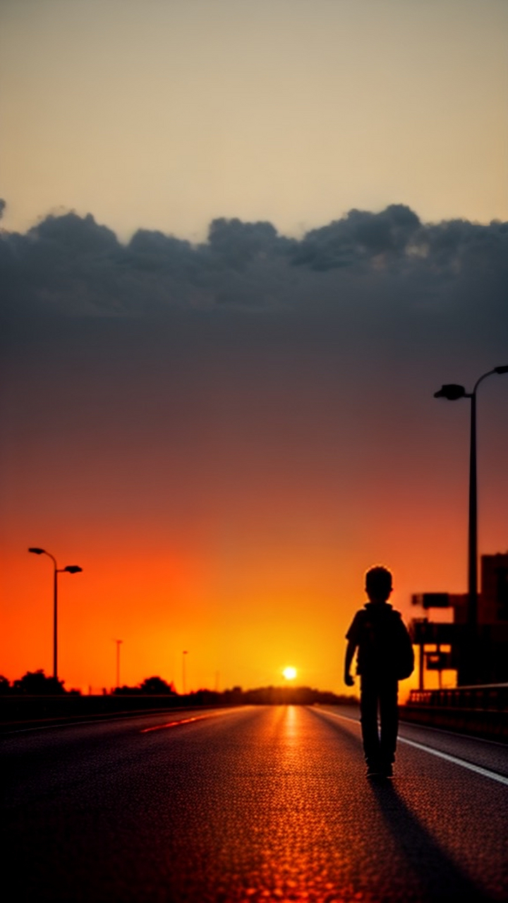 夕阳下,一个男孩独自走在高速公路上,听着城市的喧嚣