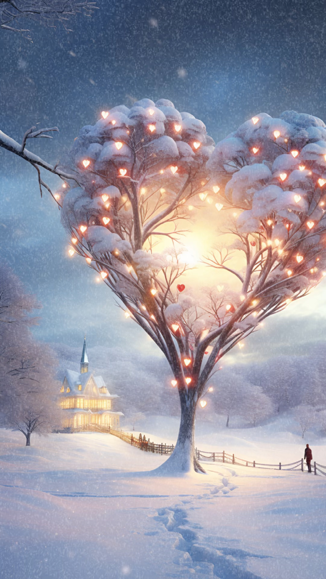 冬日里的童话世界心形灯饰点亮冰雪小镇的每一个夜晚