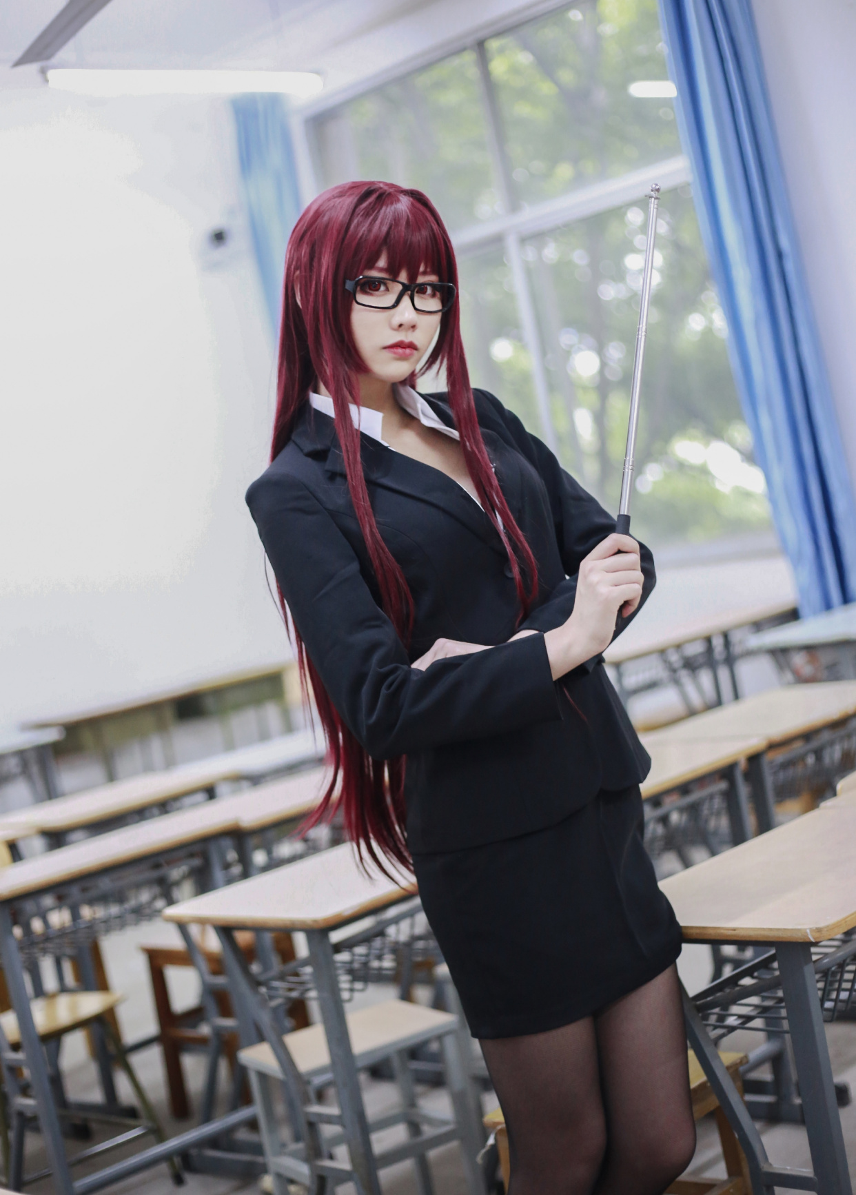 cosplay:斯卡哈的女教师同人,与她的"黑丝"制服福利,爱了爱了