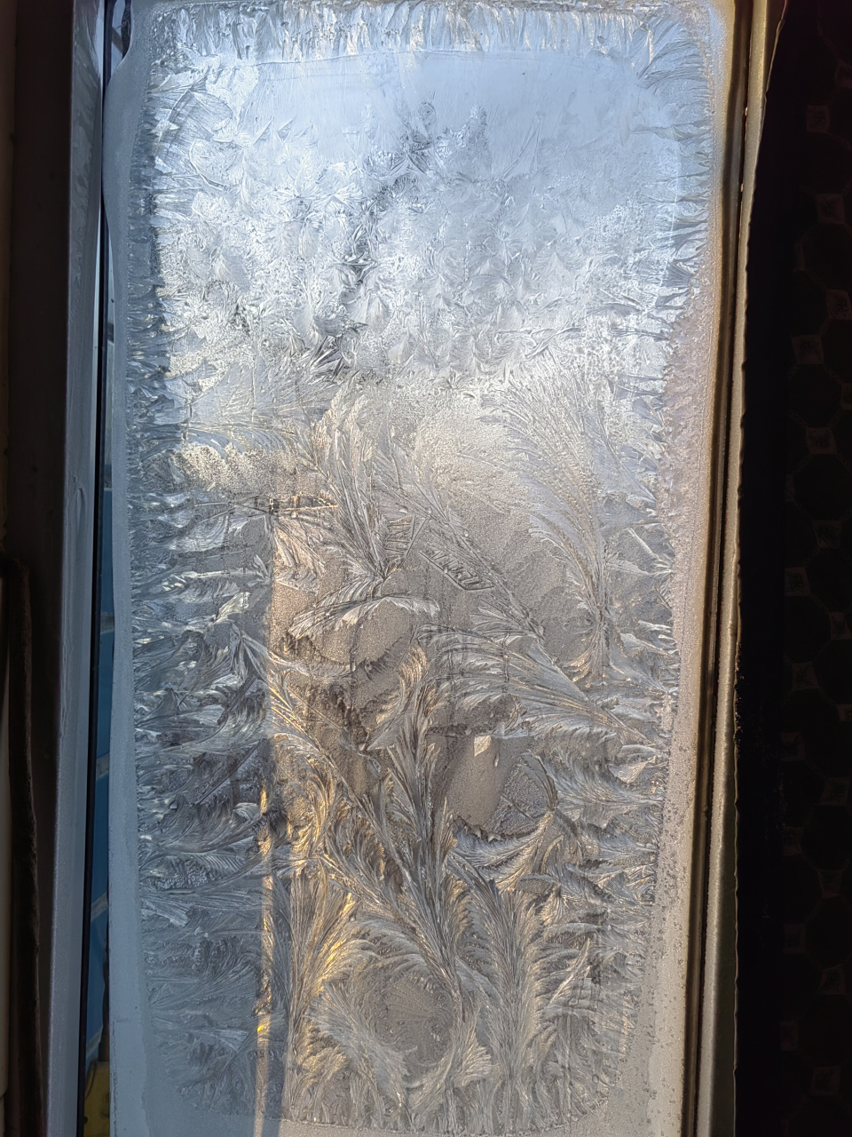 东北老家玻璃窗上突然出现了美丽的冰窗花   早上起床后,发现东北农村