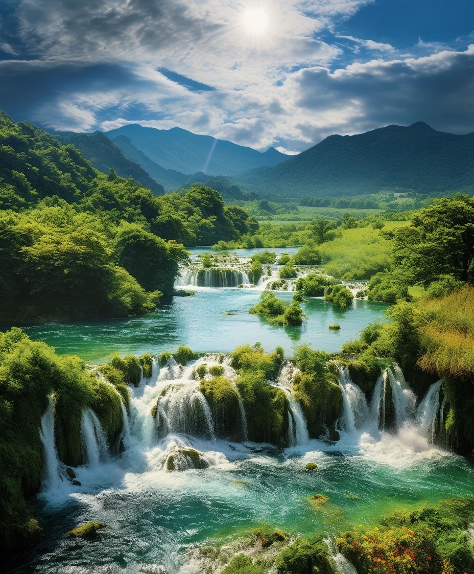 只见瀑布水势湍急,迅猛地从天而降,咆哮声震耳欲聋