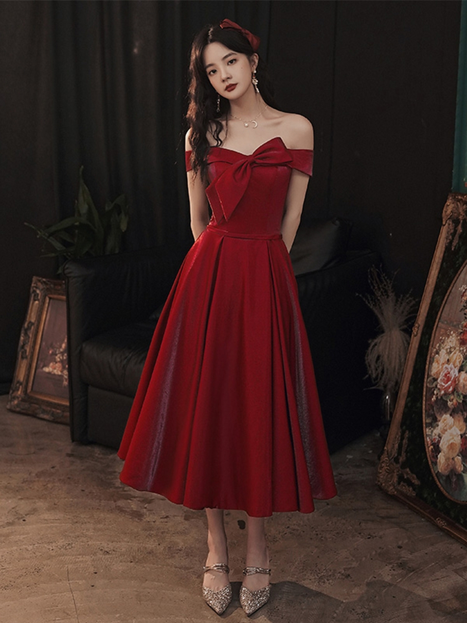 高级连衣裙 敬酒服新娘酒红色2021新款缎面一字肩晚礼服结婚订婚