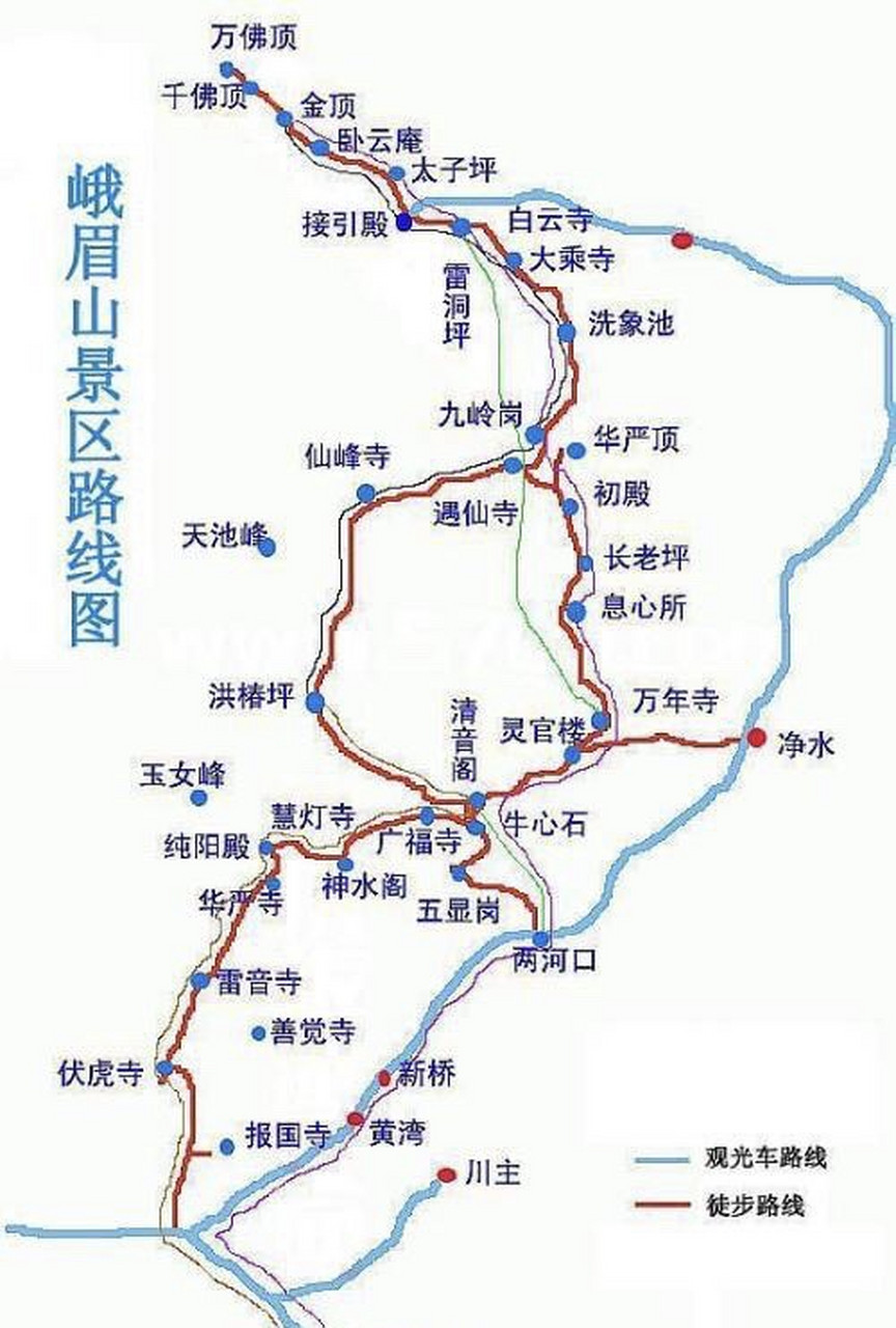 峨眉山徒步的常規路線,一條是a線(全程約58公里),從報國寺出發經