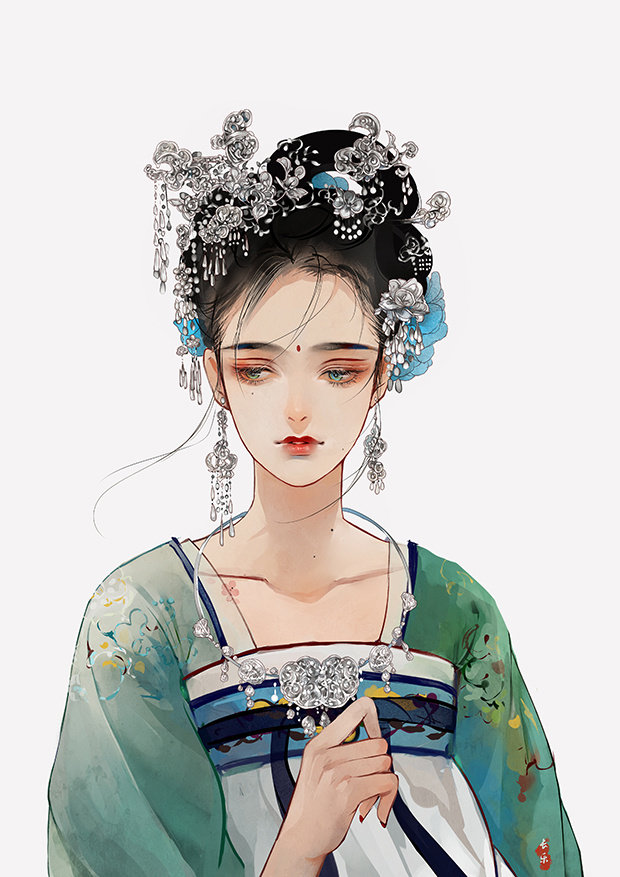古风少女插画,中式画风与二次元的完美结合,画面温柔淡雅