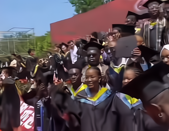 一群黑人留学生毕业典礼上欢呼雀跃,他们戴着博士帽唱跳,多开心