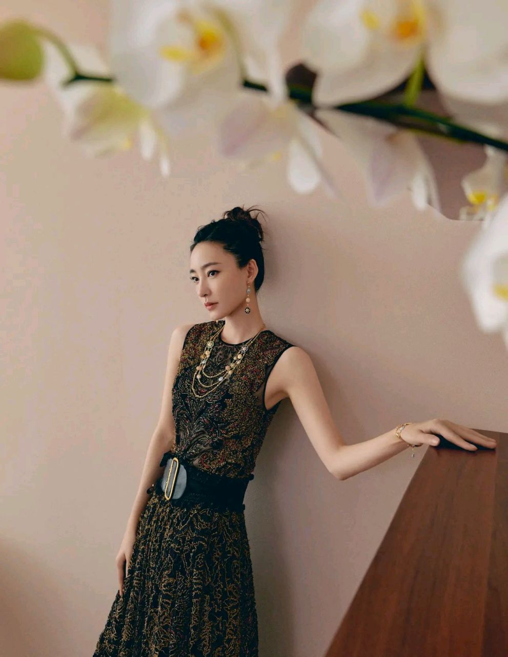 王丽坤晒出一组美图,她穿了一件深咖啡色和金色的蕾丝连衣裙  无袖