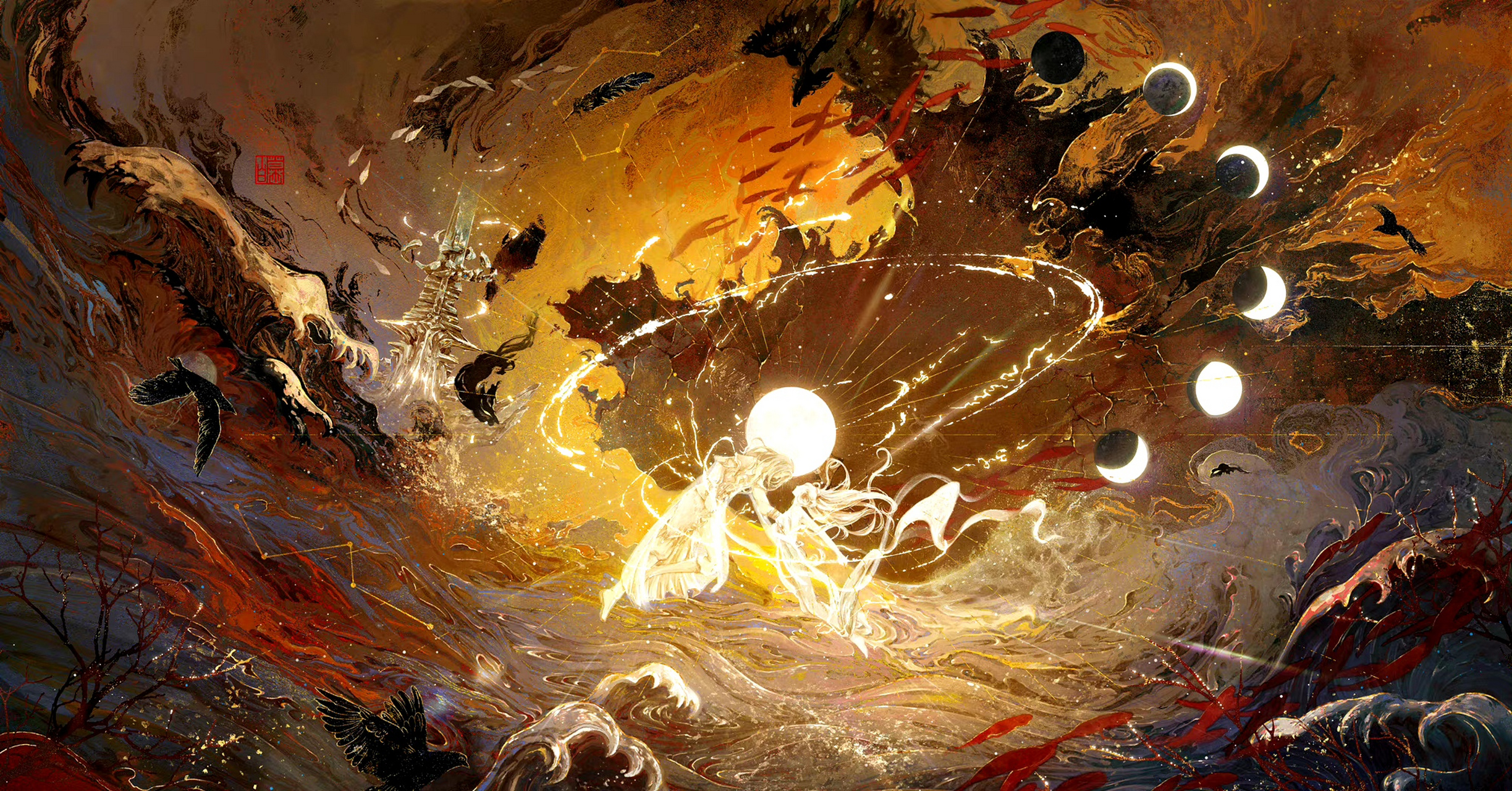 一组古风神话题材插画作品欣赏,用绚丽的色彩与抽象的壁画风格相结合