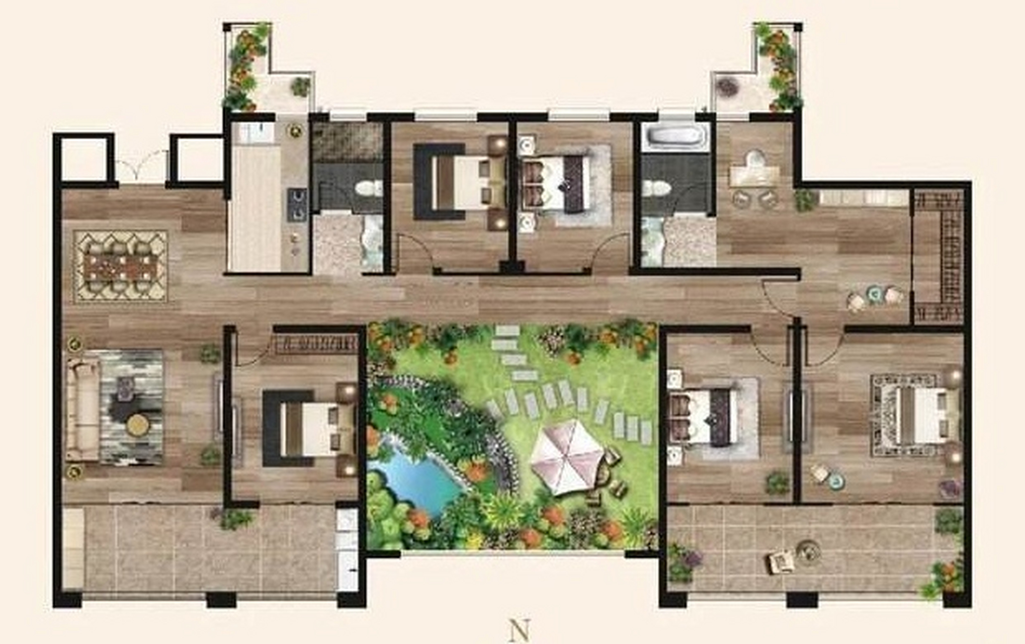 如果拥有一个高层户型,包含了一个漂亮的中庭花园,这样的房子谁能比肩