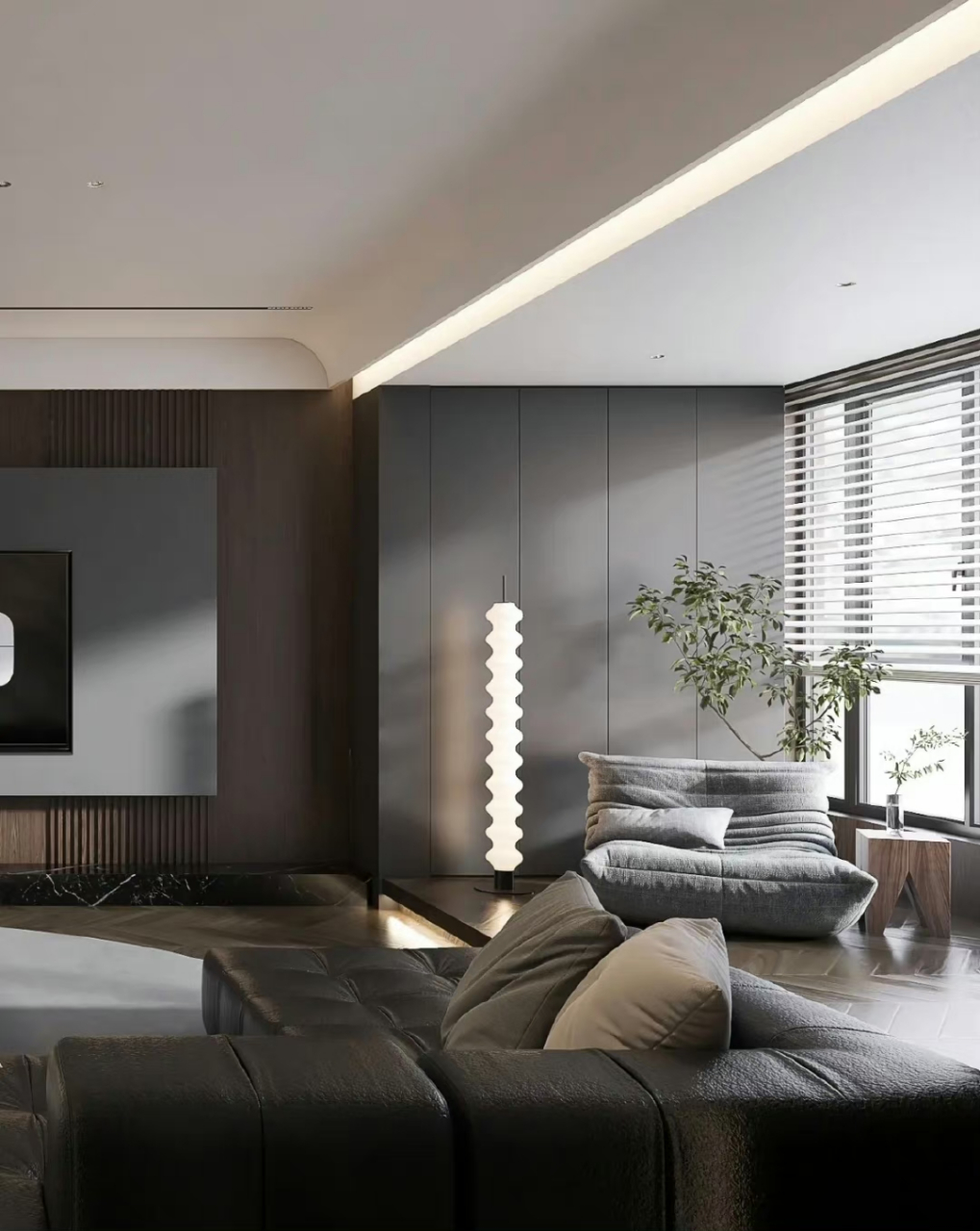 原木系和岩板做点 缀,整个空间#家居空间##室内设计# 虽然暗调,但不失