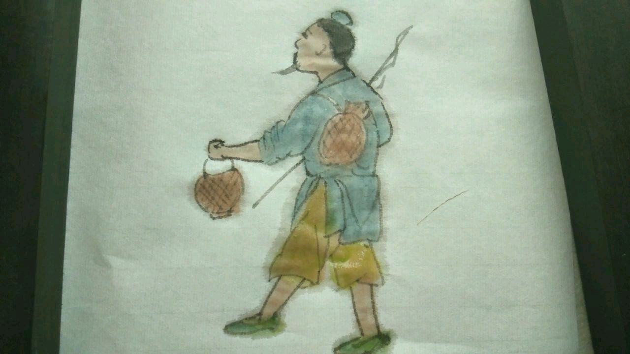 山水画技法入门196,背着鱼篓拿着鱼竿垂钓,点景人物画法