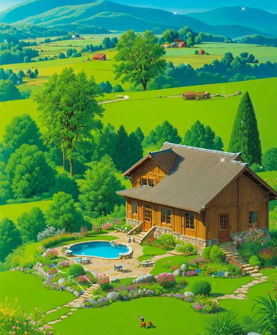 在辽阔的草原上,有一个小木屋,它坐落在一片翠绿的草地中间