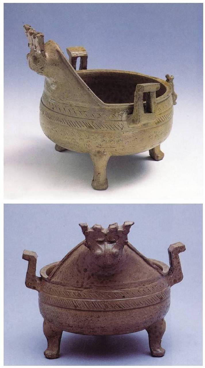 战国青釉原始青瓷兽面鼎.高14.9厘米,口径13.8厘米.上海博物馆收藏.