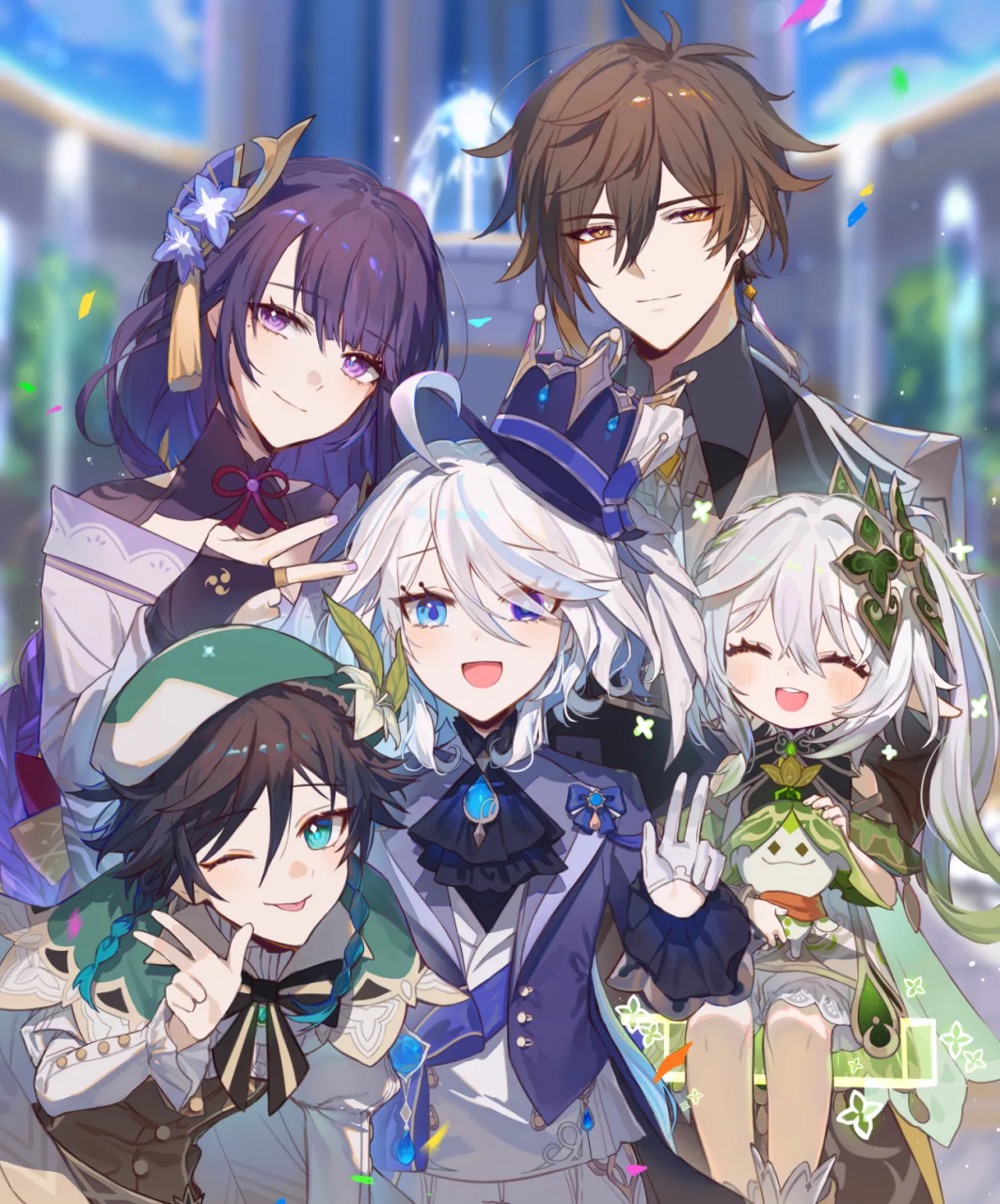 五神合照,芙宁娜站c位,有种像是一家人的既视感