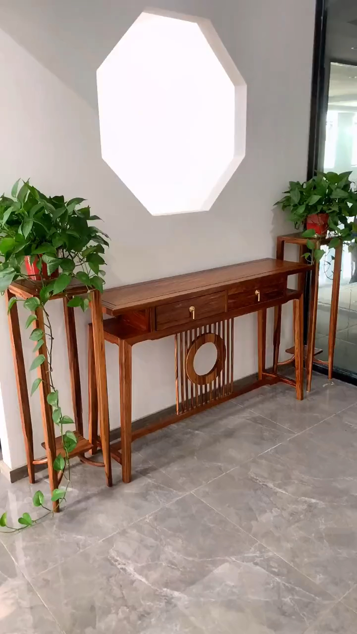 新中式条案花架三件套平头案中式古典实木供桌仿古玄关桌案台