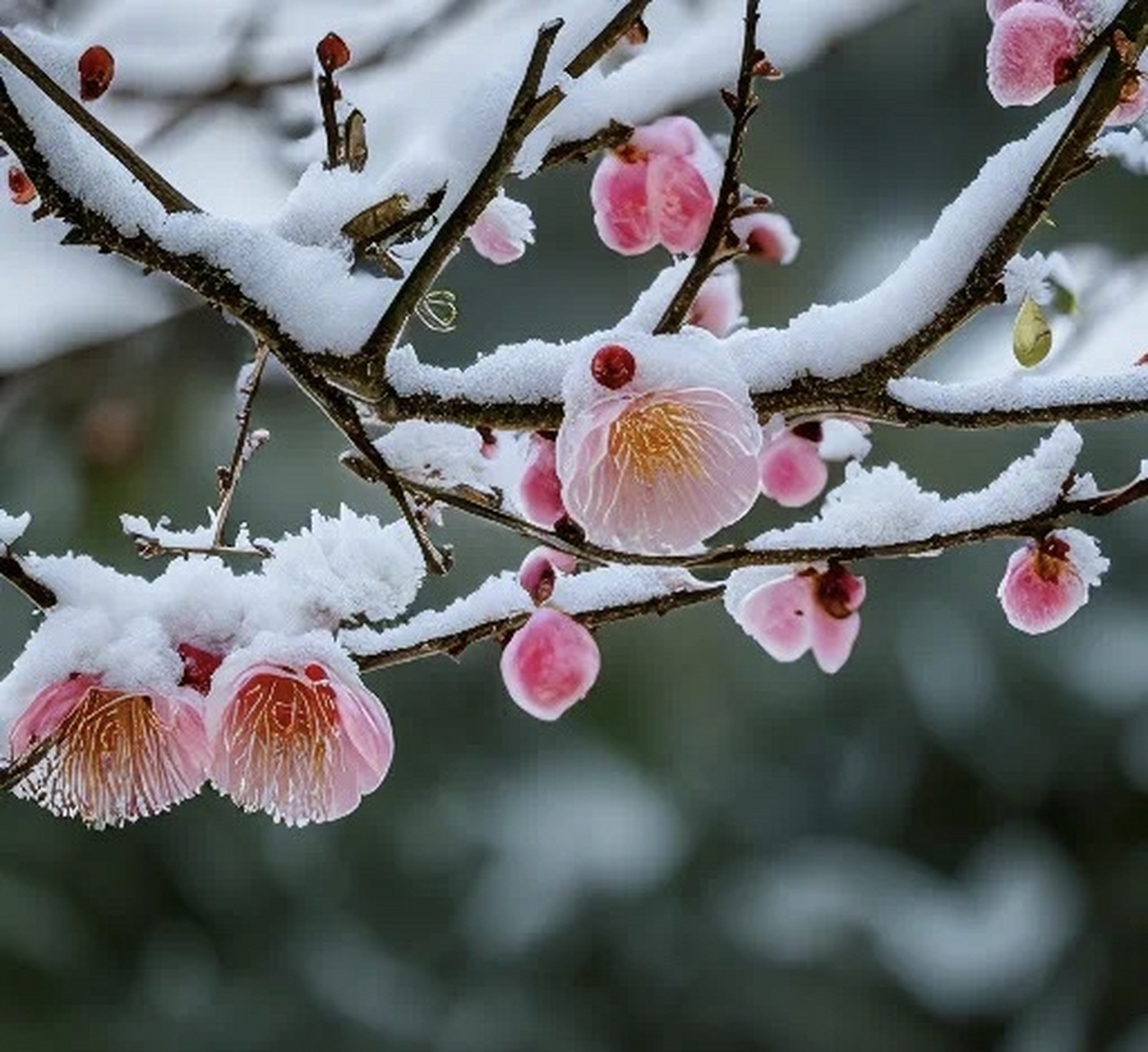 冬天的第一张照片# 在冬日的雪地上,梅花如火如荼地盛开,花瓣如雪.