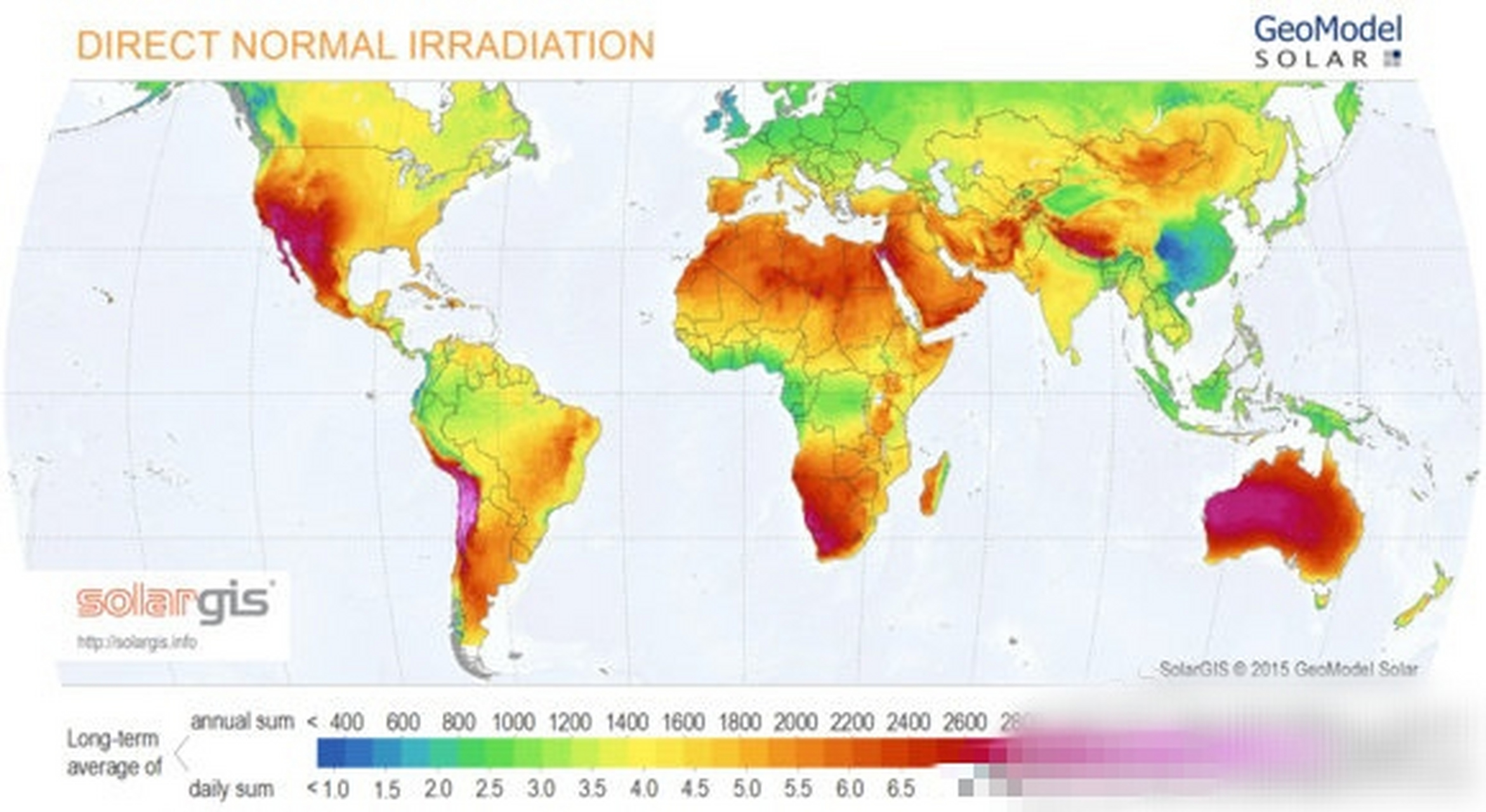[云喝酒]全球太阳辐射图:这张图展现了全球除两极地区外的太阳直接