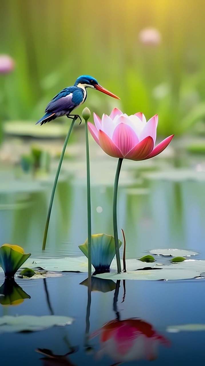 美丽的荷花和翠鸟#摄影