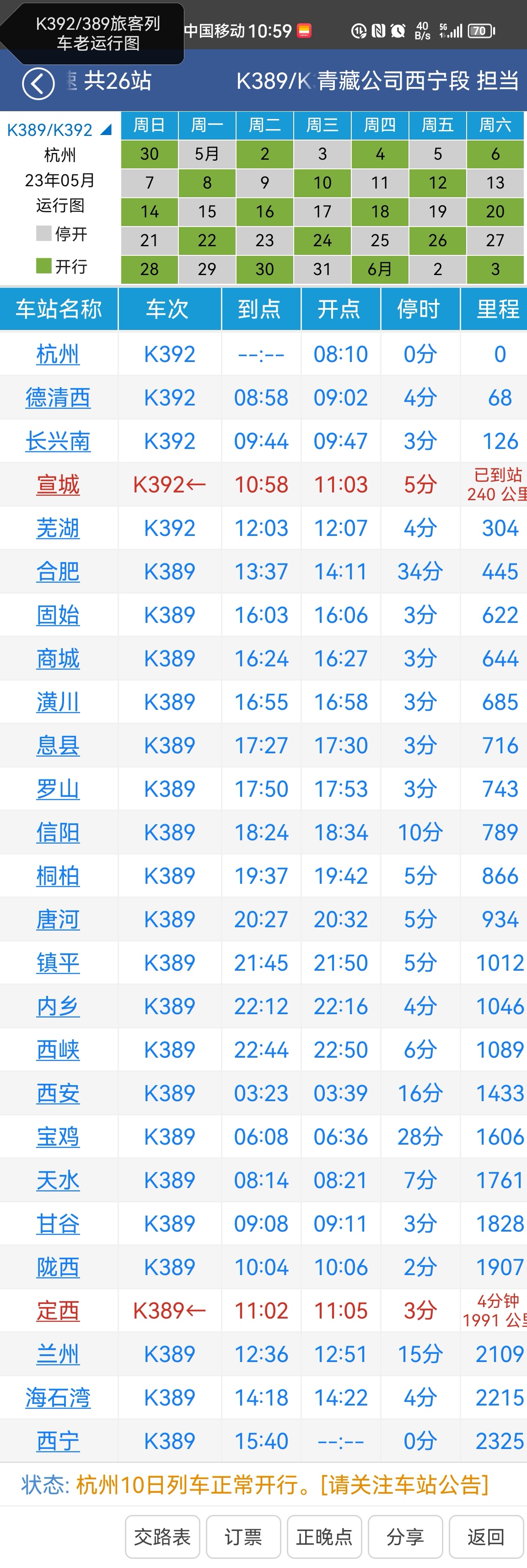 铁路2023年7月调图,杭州到西宁k392/389次旅客列车
