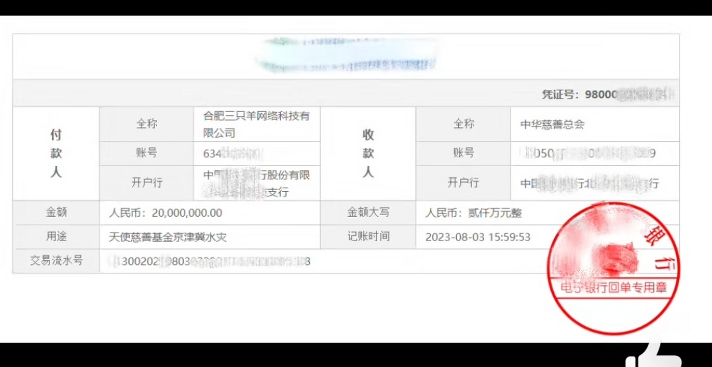 小杨哥在防汛救灾中捐款2000万 并且晒出来转账截图 有网友吐槽是为了