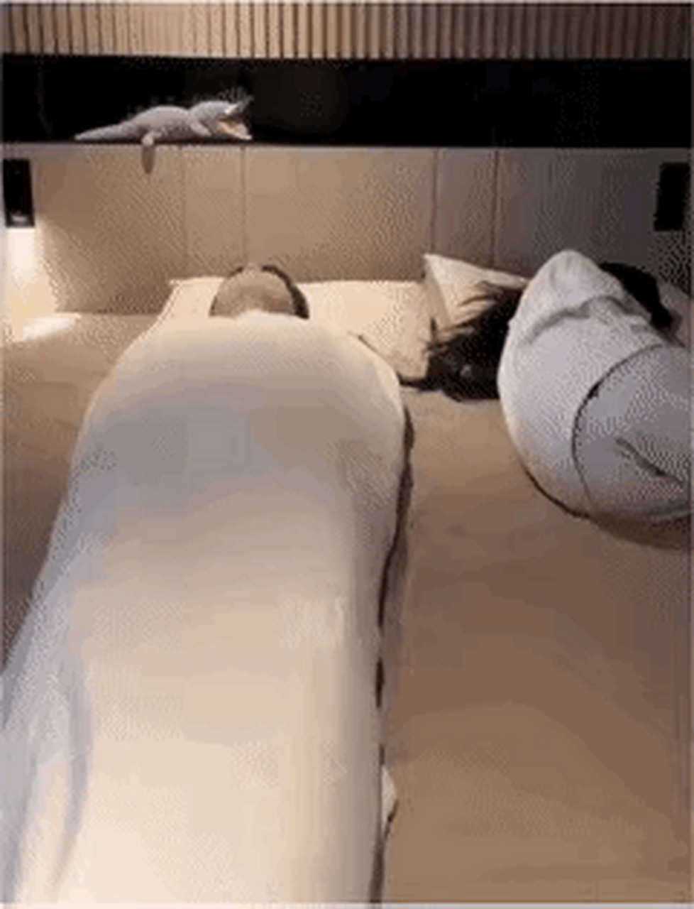 一男子用被子把自己裹起来呼呼大睡,而他身边的女友却冻得瑟瑟发抖