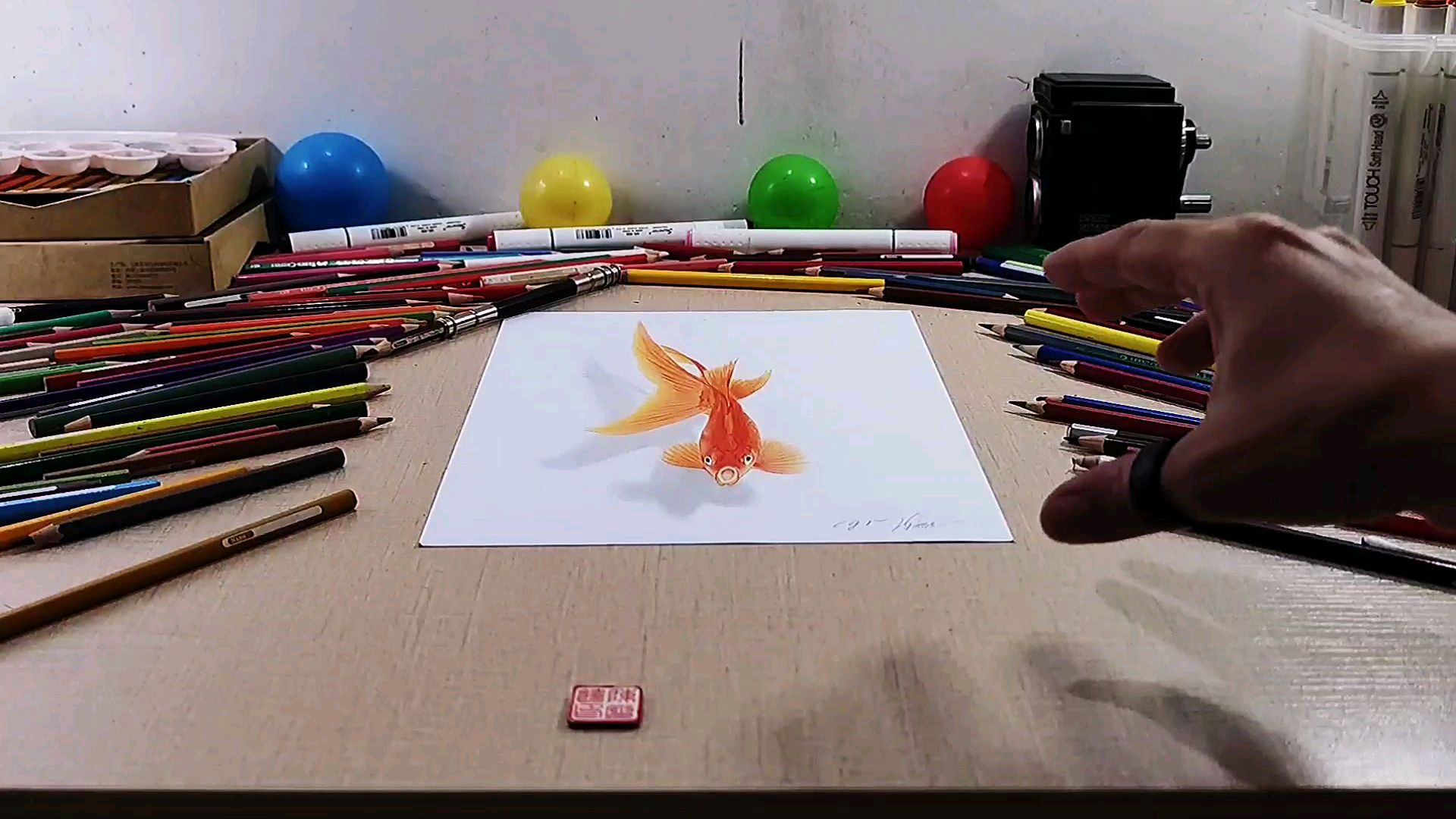 悬浮在纸上游的金鱼,3D立体画步骤过程