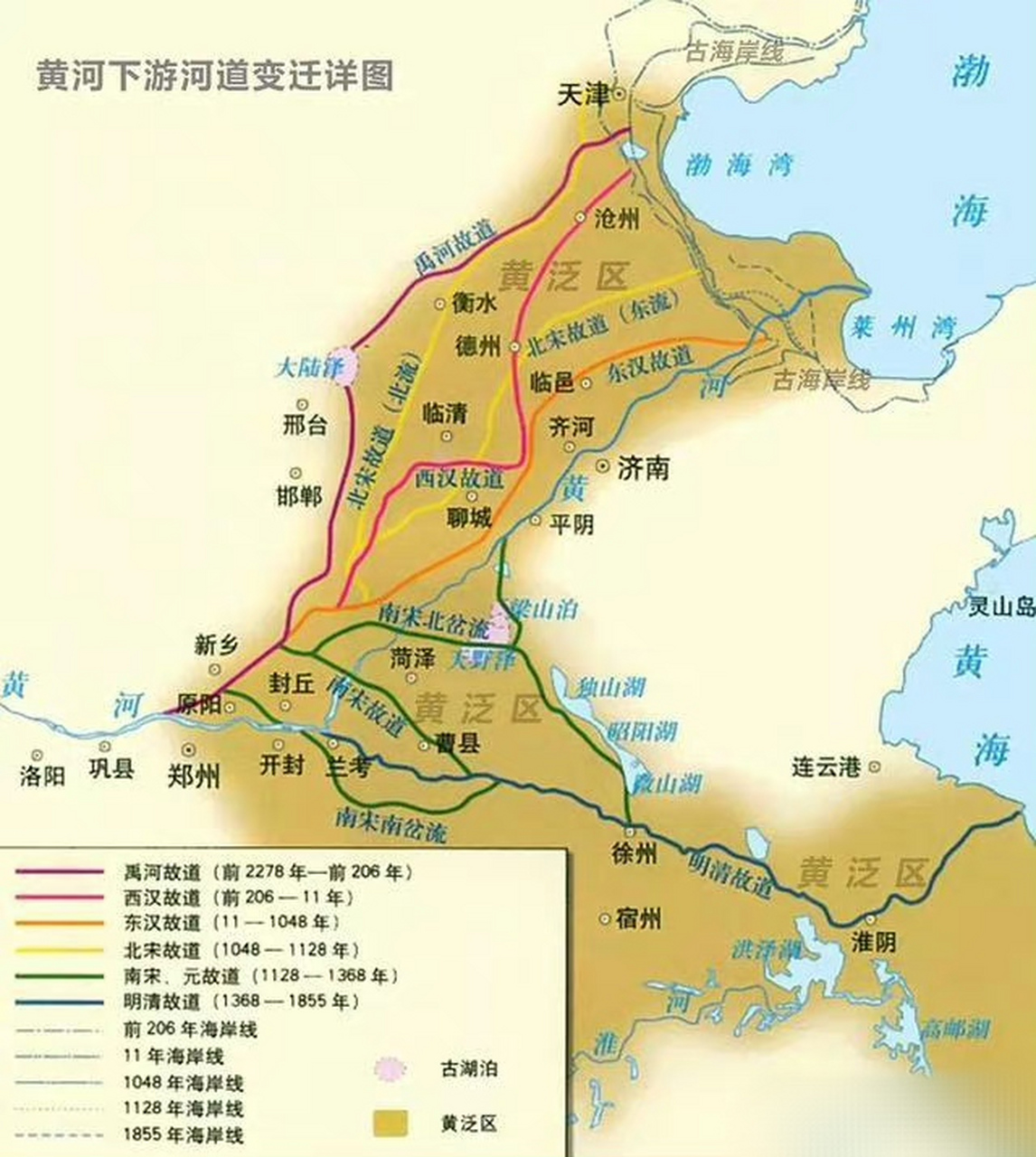 黄河下游河道历史变迁图 黄河下游河道在2600多年历史里,经历了从北到