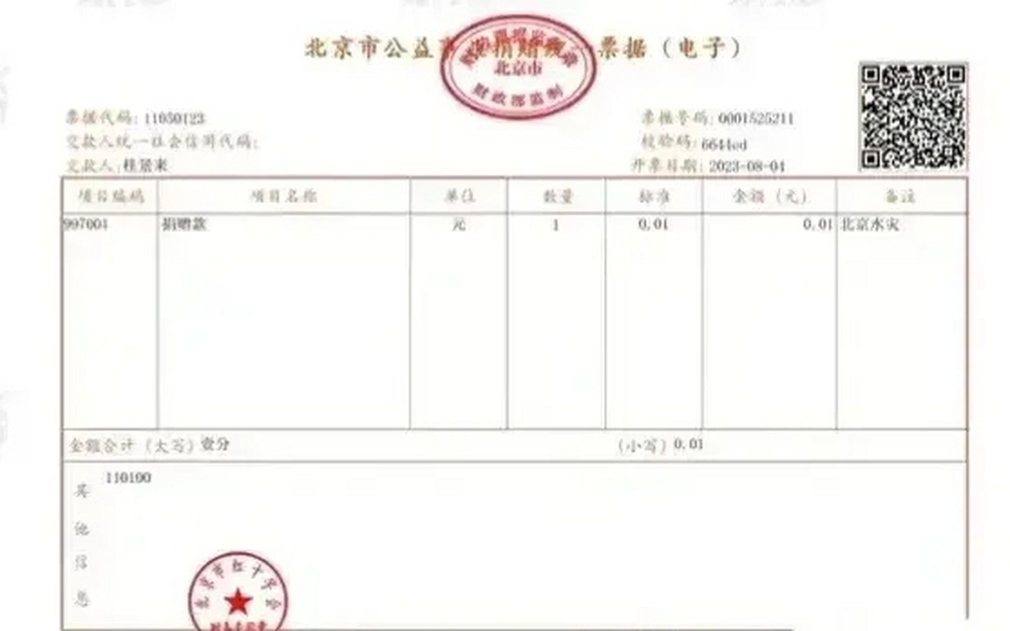 有个山东网友向红十字会捐款0.