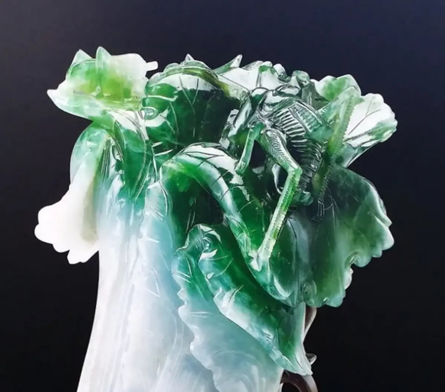 2007年,一名小学生在台北故宫观赏翠玉白菜,突然,他指着白菜上的蝈蝈