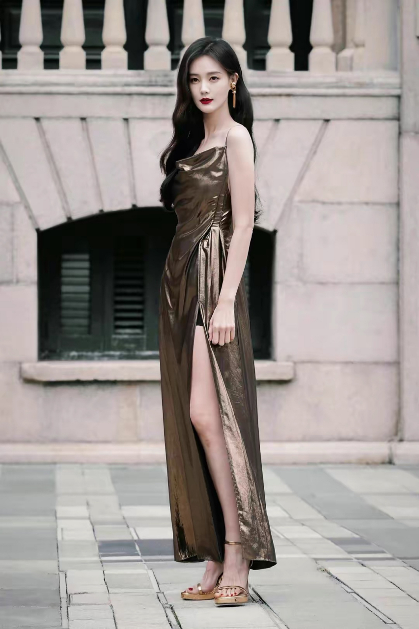 李一桐金色吊带开叉长裙#高跟鞋