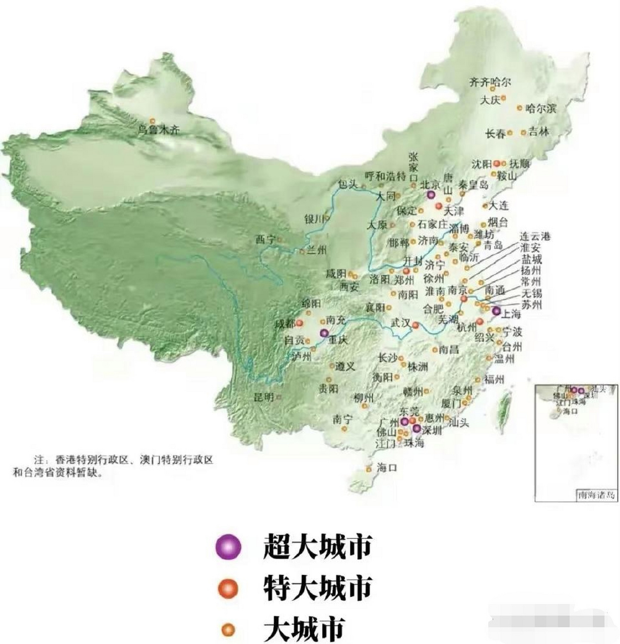 这是我们国家超大城市,特大城市,大城市分布示意图,超大城市有北京
