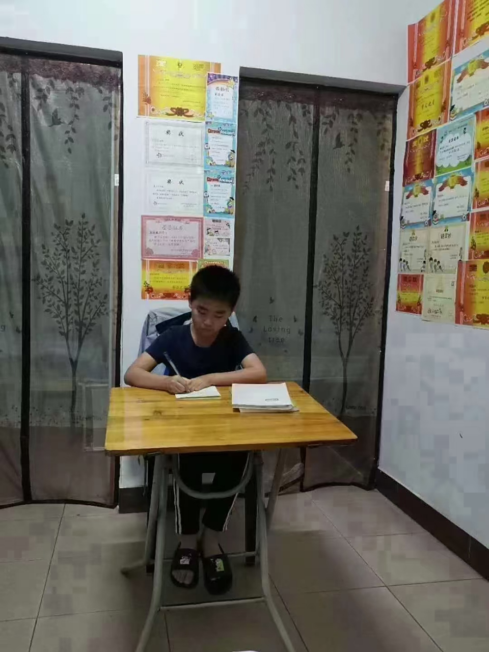 侄子真的很谦虚还很淡定,背后和身旁是在满墙的奖状,暑假的计划还