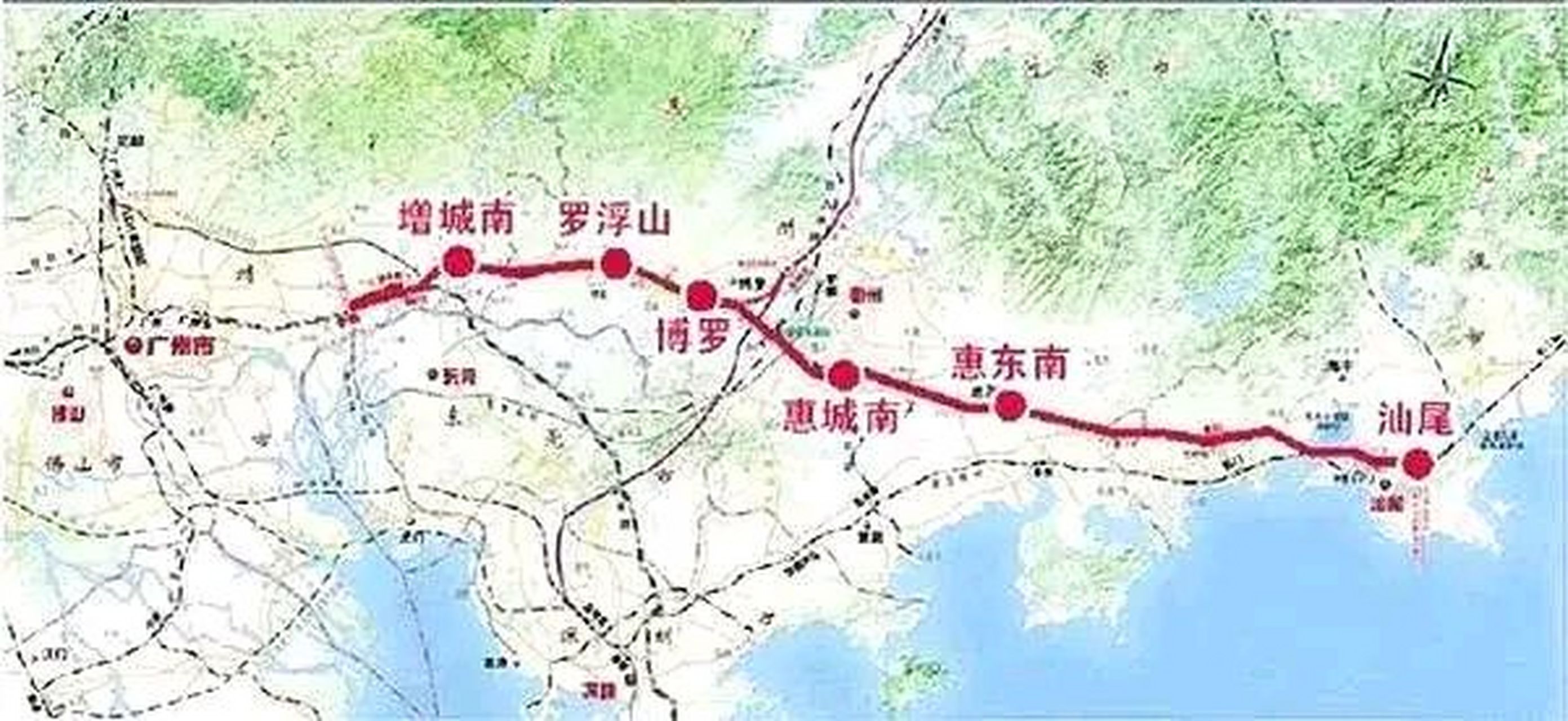广汕高铁从广州新塘站引出,途经惠州,深汕合作区