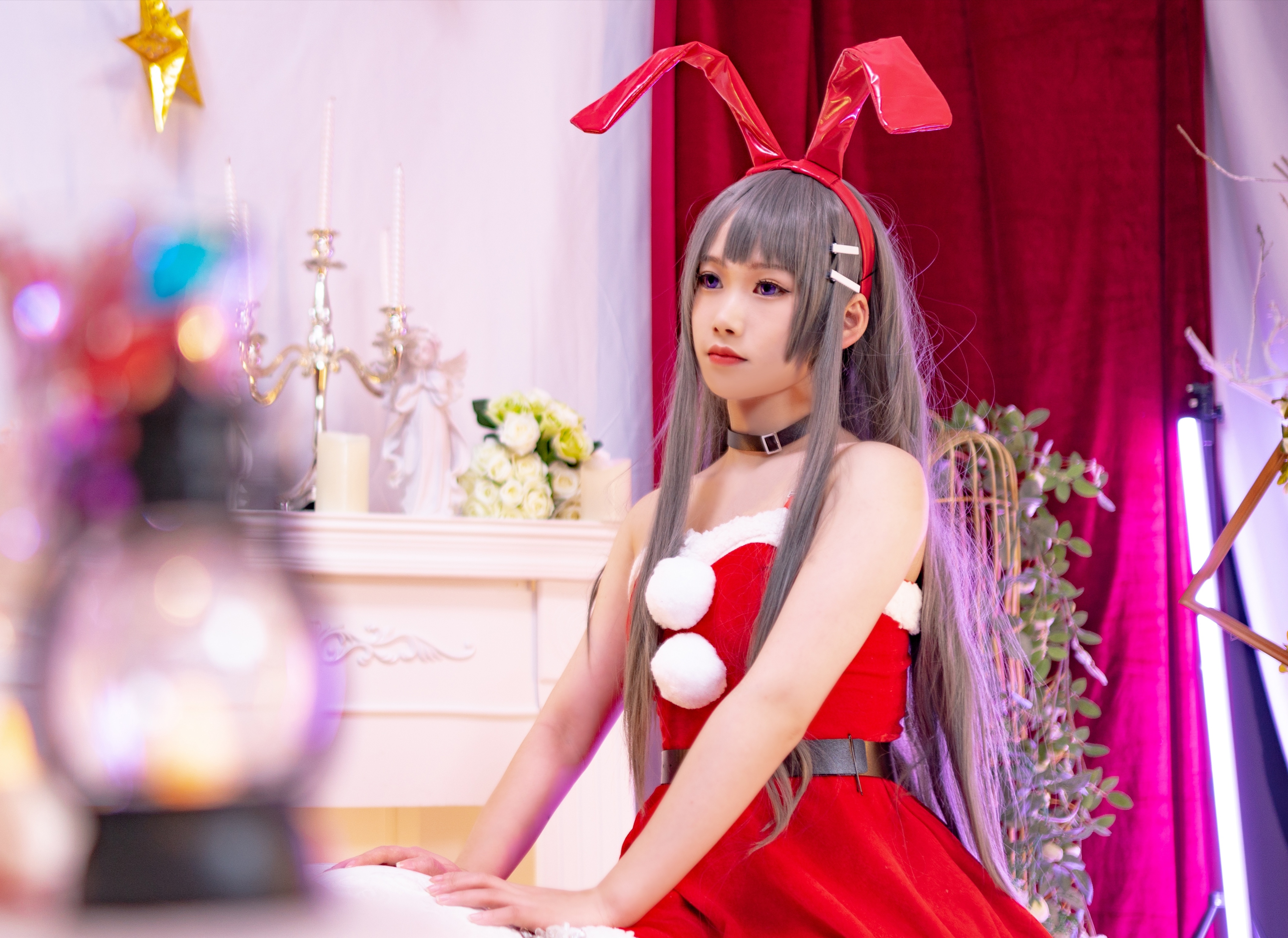 樱岛麻衣圣诞cos,红色圣诞装配上"黑丝"裤袜,可爱又性感