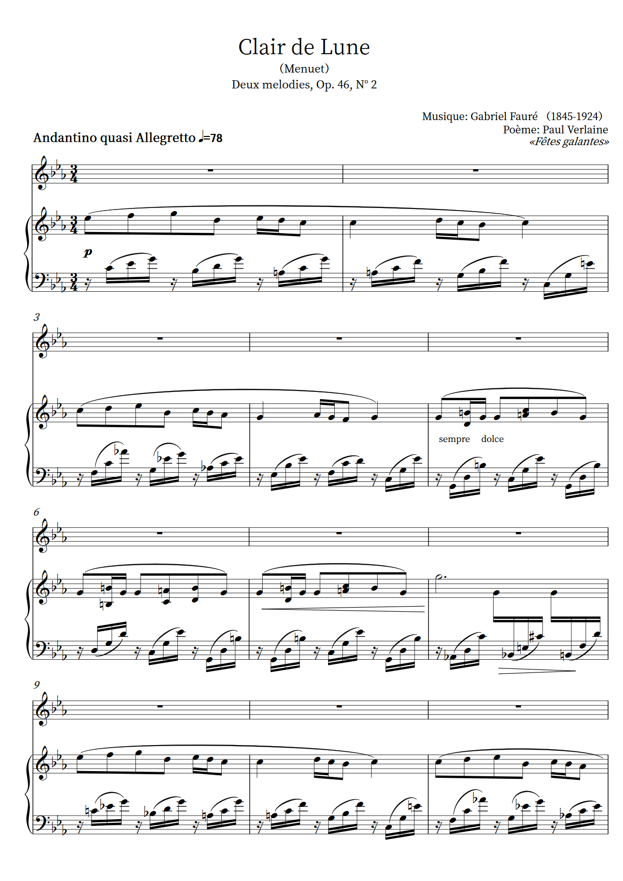 clair de lune 月光 降e正谱简谱五线谱钢琴伴奏