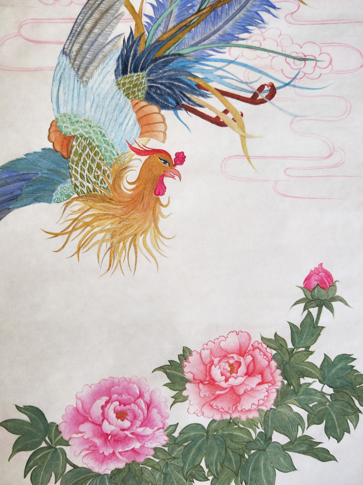 《凤戏牡丹图》(黄丽燕国画|纯手绘工笔画传统吉祥图凤穿牡丹)