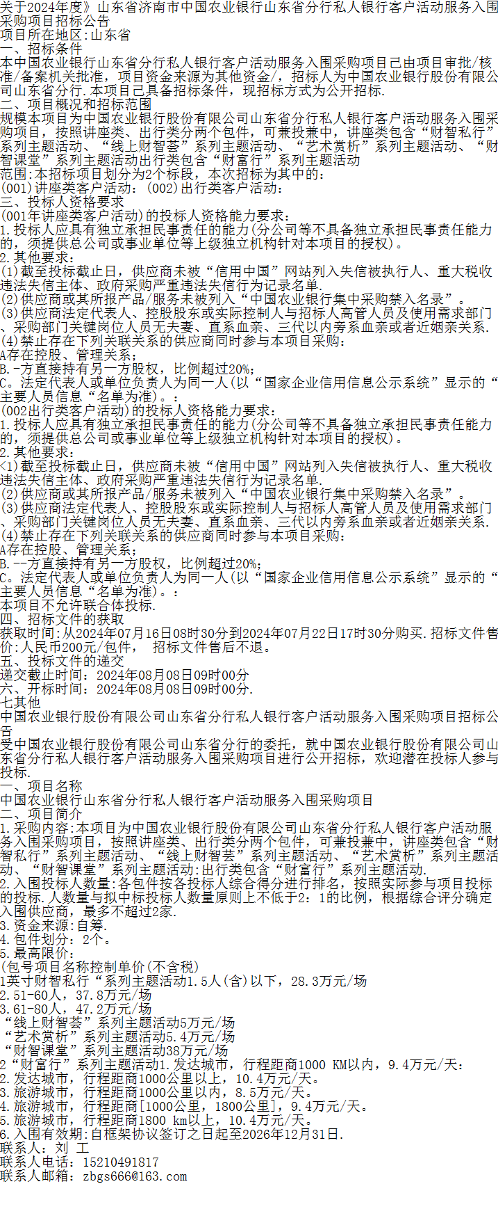 关于2024年度山东省济南市中国农业银行山东省分行私人银行客户