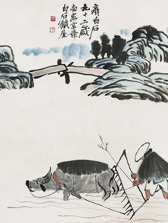 齐白石画《老汉耕牛图》,女徒弟随手补画几笔,齐白石:补得妙!