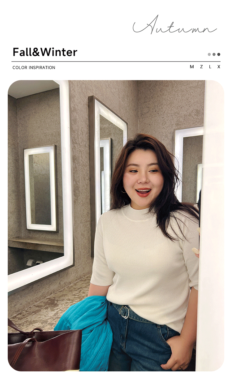 木子理想大码女装五分袖半高领针织打底衫胖mm秋冬舒适弹力内搭