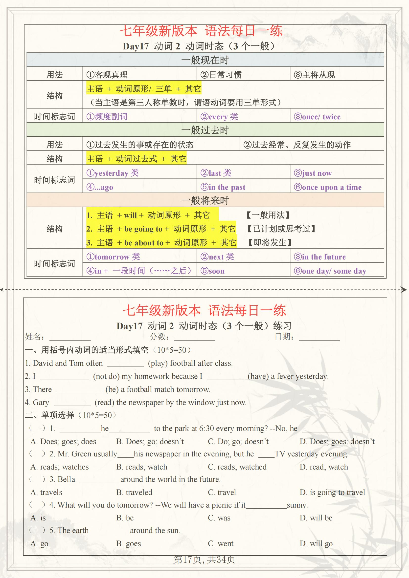 关于七年级上册英语提前练—语法练习100道的信息