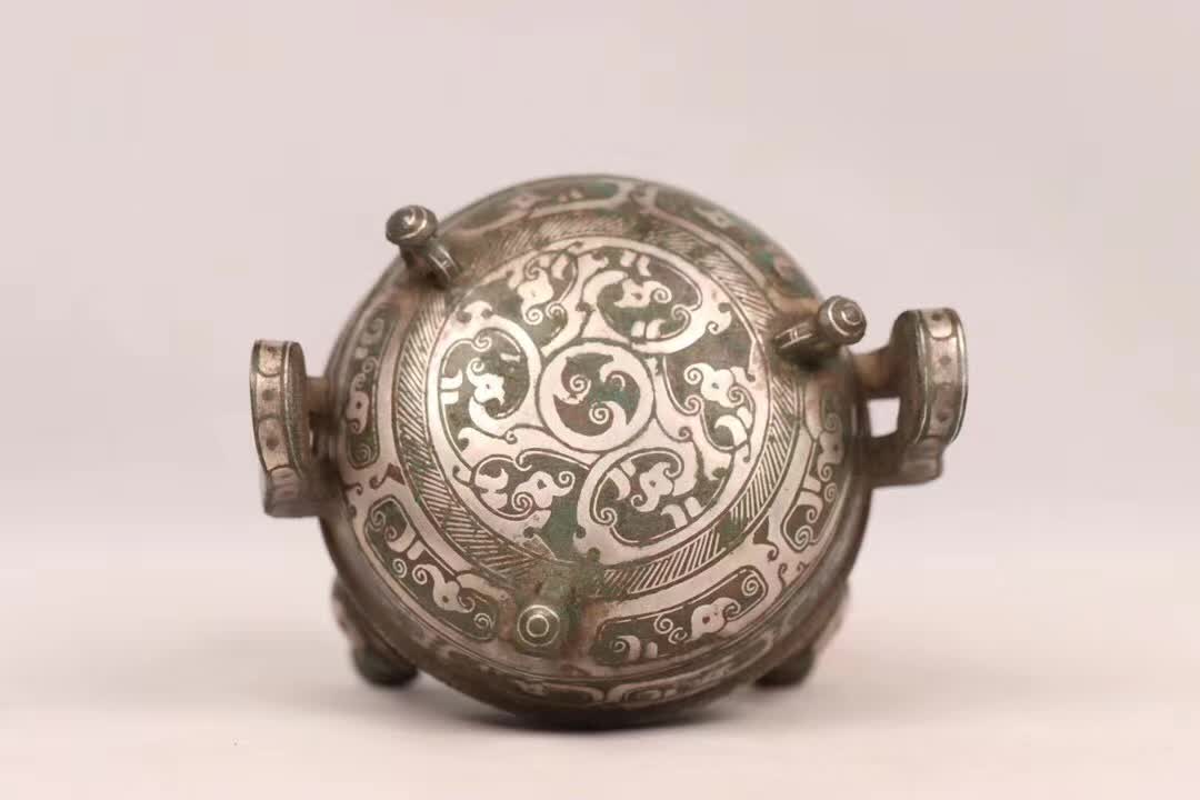 汉代青铜错金银双耳三足鼎「旧藏」高6.0cm耳距7.7cm腹径6.2cm